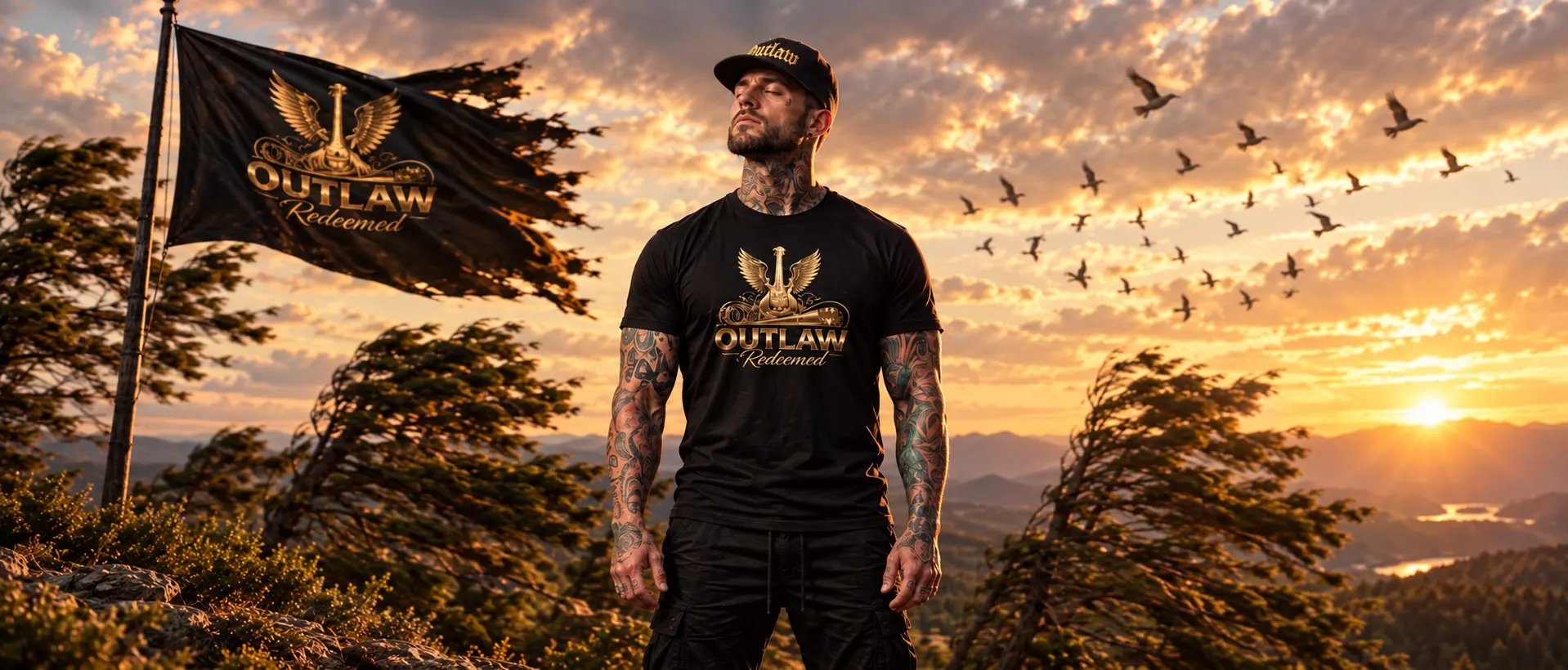 JG Outlaw Redeemed standing on a mountaintop at sunset holding an Outlaw Redeemed flag