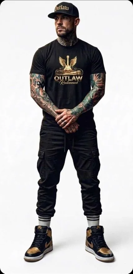 Old English Outlaw snapback cap and full outfit, studio shot