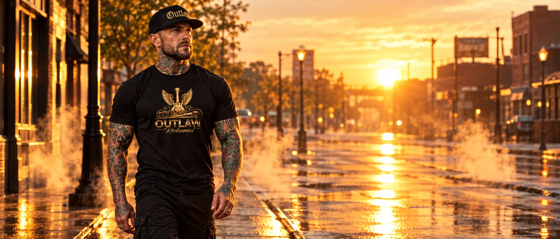 JG Outlaw Redeemed walking a city street at golden hour